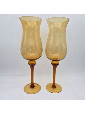 Amber Glass Pedestal Hurricane Candle Holder Etched Wheat Hand Blown VTG 18"